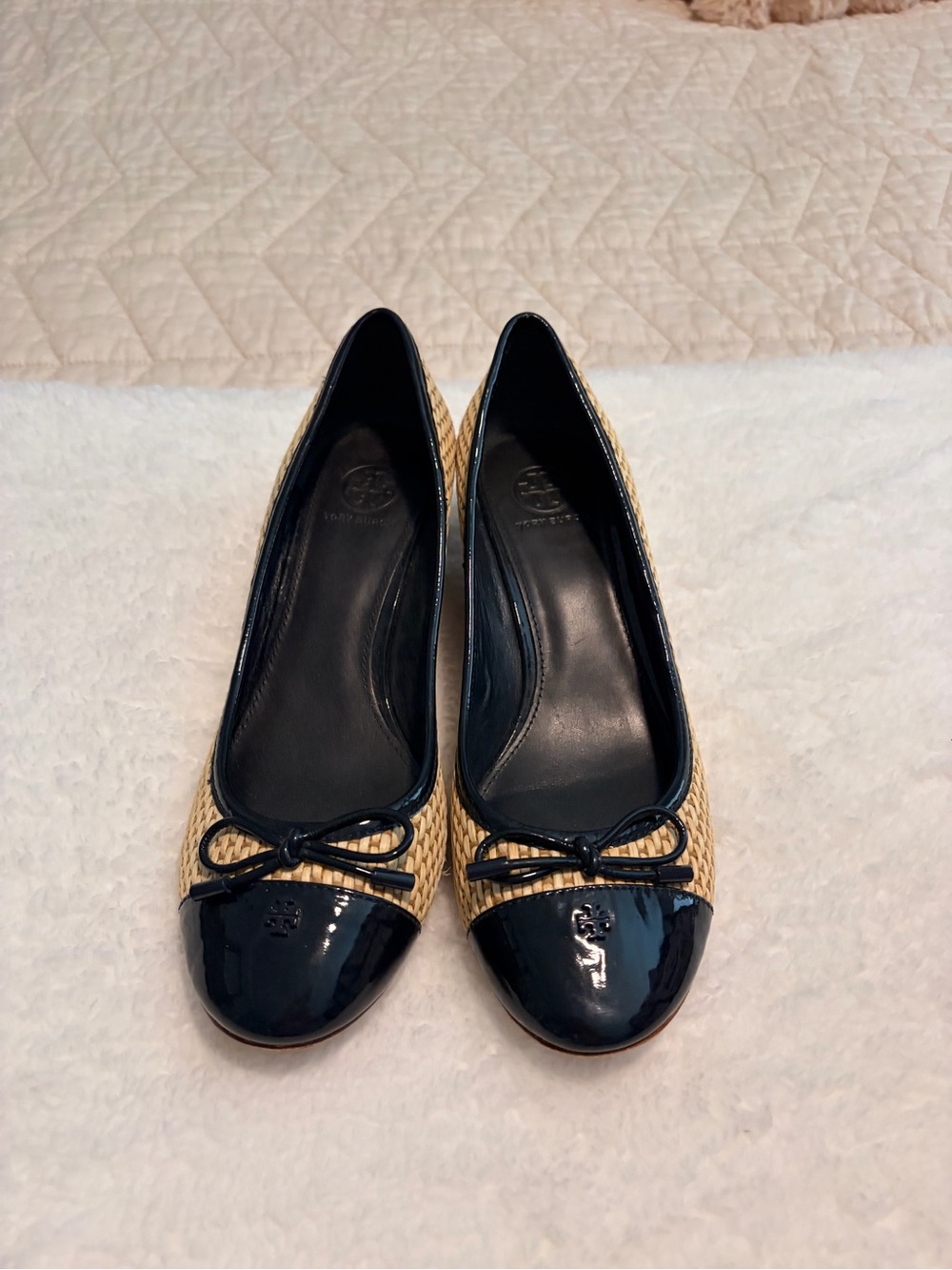 Tory Burch Navy and Natural Raffia Cap-Toe Ballet Flats